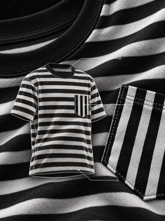 camiseta listrada inteira em preto e branco com bolso de listras verticais